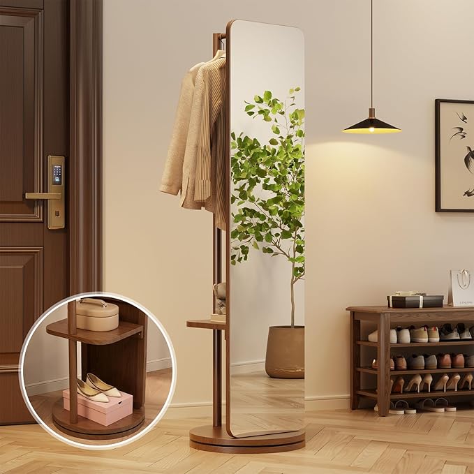 WoodsWhisper Full Length Mirror Coat Rack Solid Wood Floor Mirror 70"x16" Full Length Mirror with Stand Long Mirrors for Bedroom,Living Room