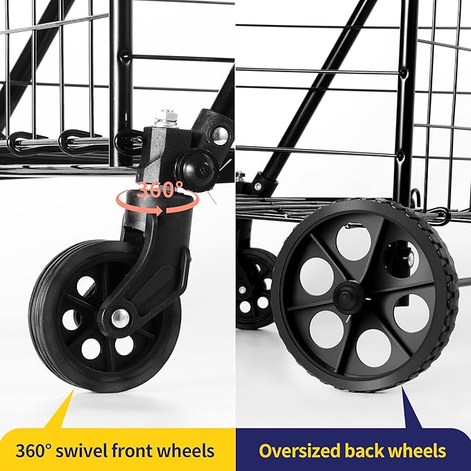 Folding Shopping Cart with Waterproof Liner, Grocery Cart Large Bag with Top Cover, 200 Lb Capacity, Utility Cart with 360° Rolling Swivel Wheels, Medium & Extra Basket