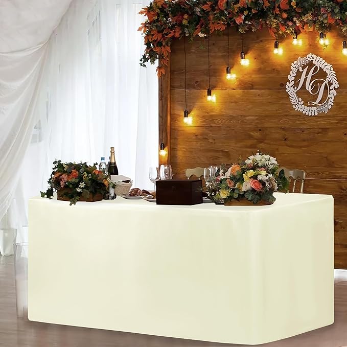 HolidayIdeas Fitted Table Covers - 96 x 30 Inch - 2 Pack Rectangle Tablecloths for 8 Foot Folding Tables, Butter Cream Polyester Fabric Tablecloth for Parties, Holiday Dinner, Wedding, Trade Show,