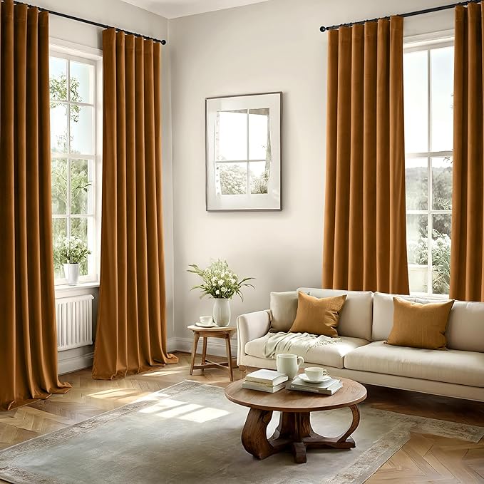 MIULEE Velvet Curtains 108 Inch Length 2 Panels Set for Bedroom, Pinch Pleat Back Tab Luxury Thermal Insulated Living Room Darkening Pleated Blackout Extra Long Window Curtain with Hooks, Golden Brown