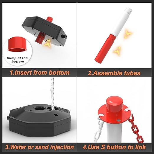 4 Pack Traffic Delineator Post Cones with Fillable Base, Adjustable Plastic Safety Barrier with 5Ft Plastic Chain, Outdoor and Indoor Crowd Control Stanchion for Traffic Control and Warning
