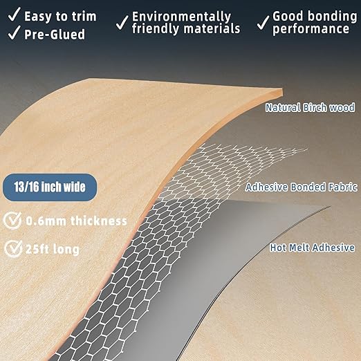 Birch Edge Banding, 13/16 inch x 25ft roll of Veneer Edge Banding, Pre-glued Flexible Real Wood Tape Banding for Cabinet Repair Furniture Restoration