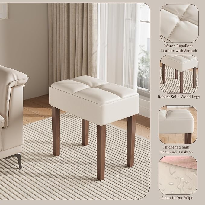 Two Leather Vanity Stool, 18.7 Inch Wide Rectangle Ottoman Bench for Makeup Room, A Set Vanity Chair with Wood Legs for Piano Room, Bedroom,Living Room with Customizable (Cream)