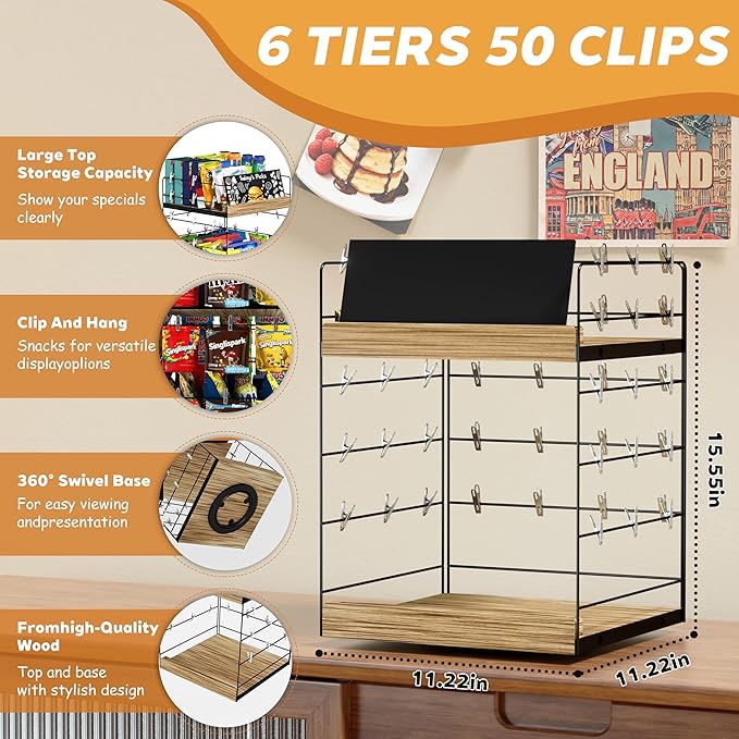 Chip Rack Display Stand, 6 Tiers 50 Clips Snack Organizer, 360° Rotating Wood Base Candy Display Rack, Portable Retail Display Shelf for Countertop, Office, Store, Kitchen, Party