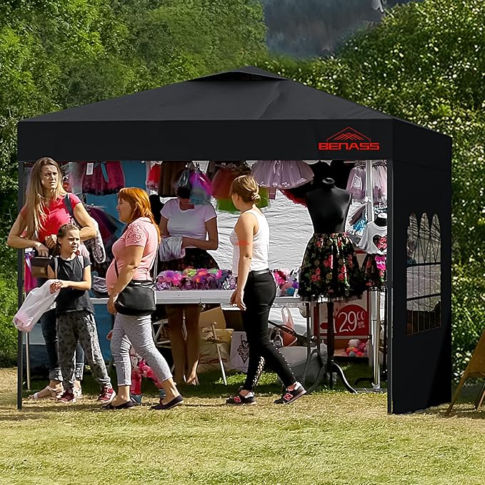 10x10 Pop Up Canopy with Sidewalls, Easy Up Canopy Tent, Heavy Duty Tents for Parties, One Person Set Up Event Tent, Black