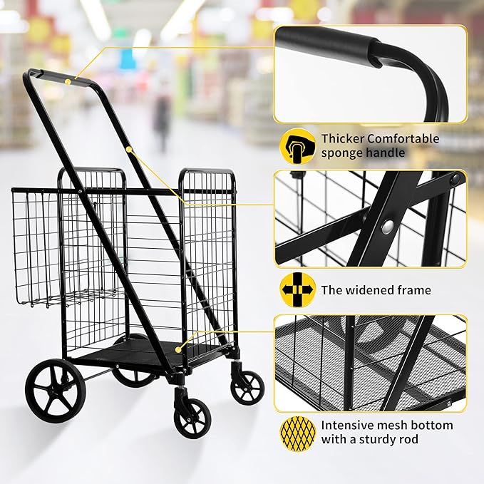 Folding Shopping Cart, Grocery Cart, 450 Lb Capacity, Utility Cart with 360° Rolling Swivel Wheels, Extra Large & Extra Basket