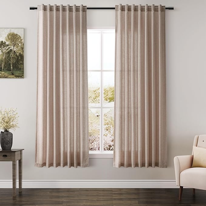 Nanspring Oatmeal Linen Curtains 63 Inches Length 2 Panels Set for Living Room Back Tab Pocket Light Filtering Semi Sheer Drapes Modern Farmhouse Boho Cotton Linen Textured Window Curtain 52X63