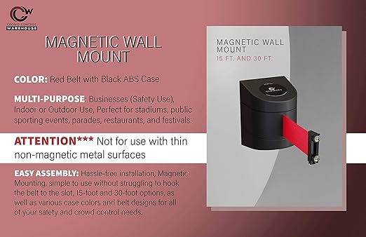 Crowd Control Warehouse - CCW Series WMB-230 Magnetic Wall Mount Retractable Belt Barrier - 30 Foot, Red Belt with Black ABS Case