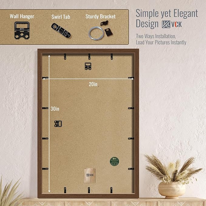 VCK 20x30 Poster Frame 5 Pack - Brown, High-End Wood Picture Frames with Polished Plexiglass, Display 16x24 Photo with Mat or 20x30 without Mat, Art Gallery-Quality, Wall Hanging, Brown