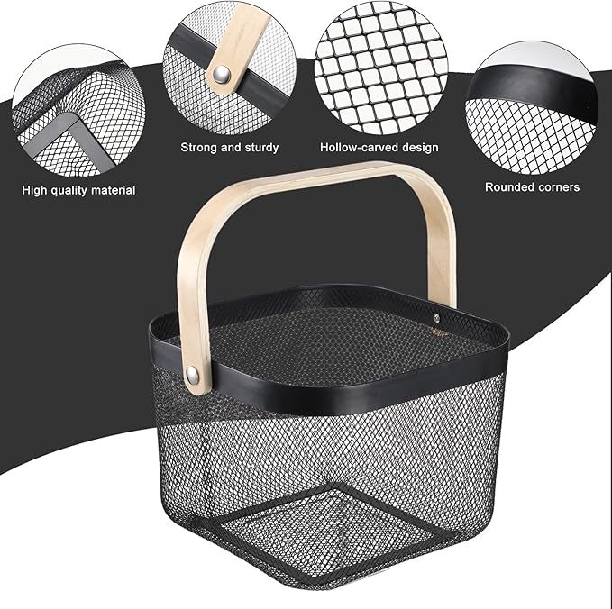 Roshtia 6 Pcs Metal Mesh Steel Basket with Handle, Square Wire Harvest Thanksgiving, Shopping Baskets for Retail Store Christmas Garden Bathroom Kitchen(9.65 x 9.65 x 7.09 Inch,Black)