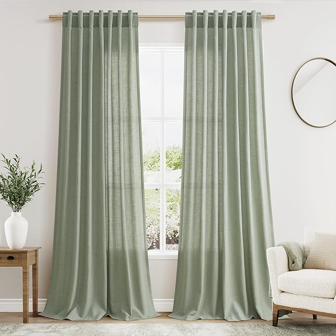Nanspring Desert Sage Linen Curtains 102 Inches Long Rod Pocket Back Tab Drapes 2 Panels Set for Living Room Bedroom Light Filtering Semi Sheer Desert Sage Curtain 102 Length for Patio Door 52x102