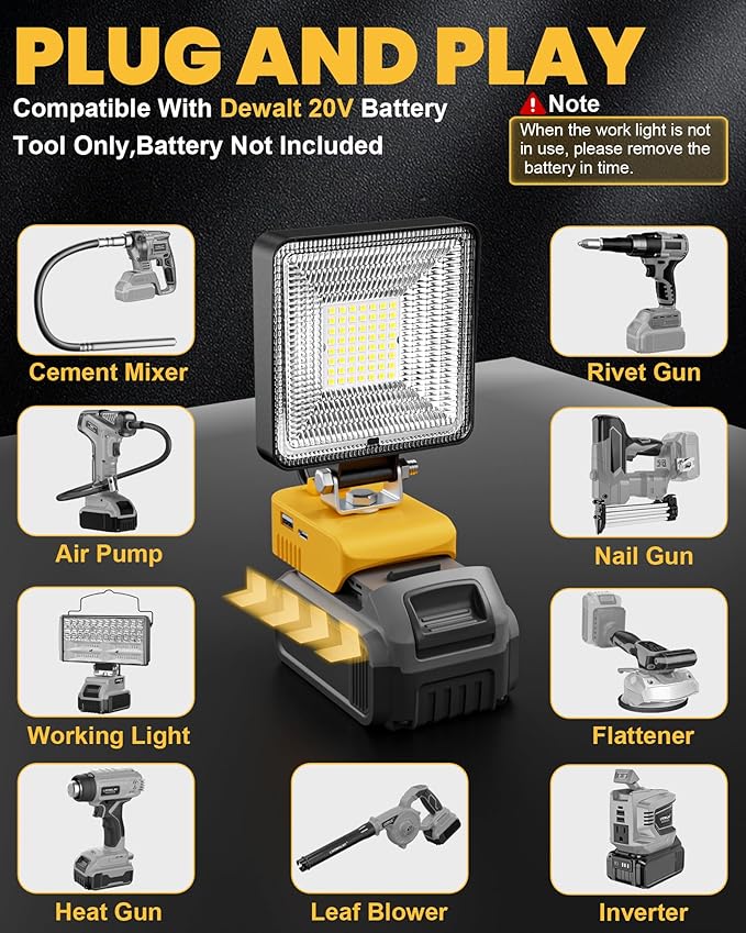 LIVOWALNY 30W LED Work Lights Compatible with Dewalt Battery, 2PCS 3000LM Flashlight with USB A & USB C Output Port Low Voltage Protection, Cordless Portable Floodlight for Camping, Emergency, Outdoor