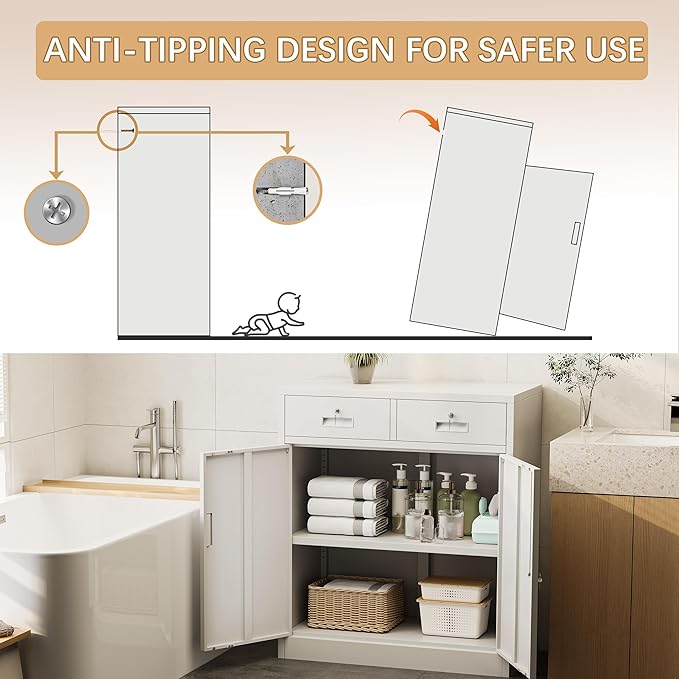 Metal Storage Cabinet, 36 Inch Tall Metal Storage Cabinet with Doors and Shelves, Pantry Cabinets with Drawer for Kitchen Storage, Garage Cabinet for Living, Dining Room, Assemble Required.