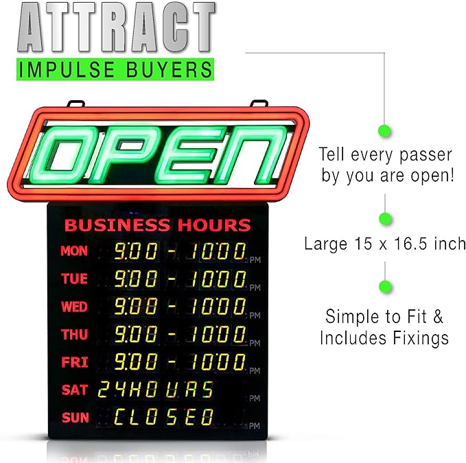 Super‑Bright LED Open Sign with Business Hours – Programmable App, 1000s of Color Combos, Neon Flash/Scroll Modes, Energy-Efficient Indoor Wall-Mount (15×16.5 in)