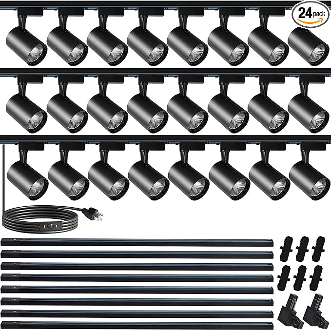 Black J&L Type Track Lighting Complete Kit, 25 W Plug in LED Lighting Complete Kits 24 Packs Extra Brightness 3000K Warm Light with Extra 26.24FT Track Rails