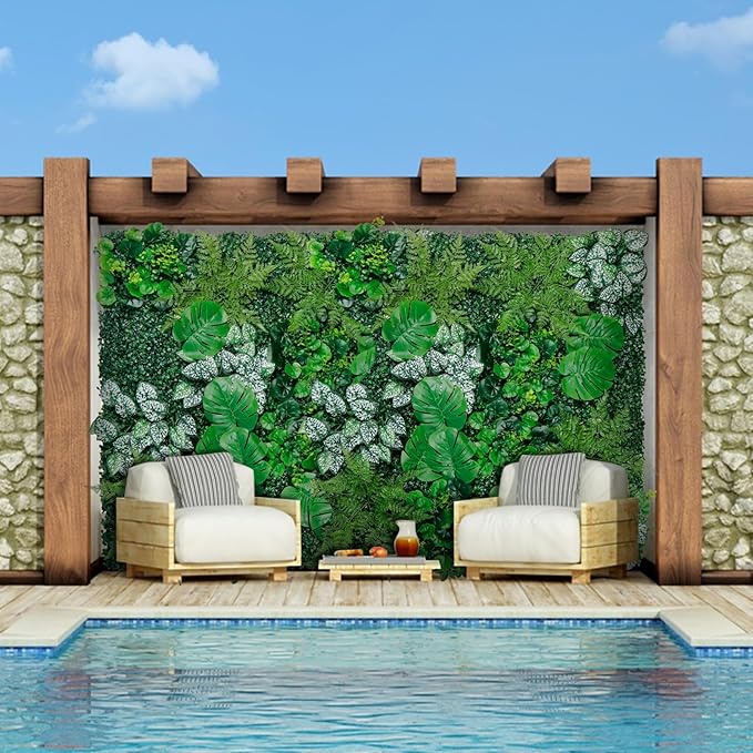 Artificial Boxwood Panels, 40"x120"(33.33 SQFT) Grass Wall Panels with Monstera Leaves,Privacy Hedge Fence Screen with UV Protection,Fake Greenery Backdrop for Indoor Wedding