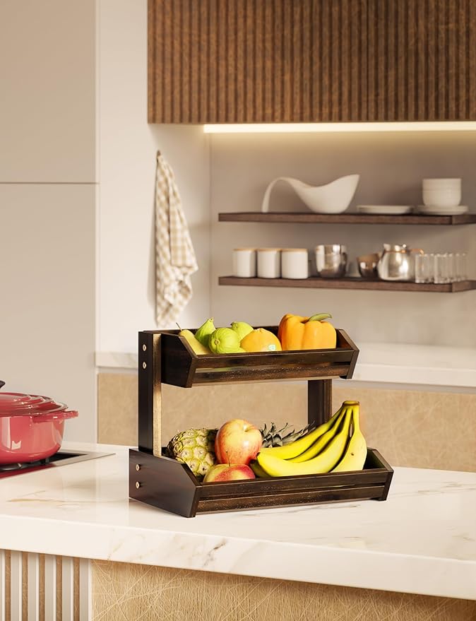 HOLANA Acacia 2 Tier Fruit Basket for Kitchen Counter Organizer – Wooden Fruit Bowl & Wooden Basket for Kitchen Counter Storage, Vegetable Produce Storage & Snack Organizer for Countertop (Walnut)