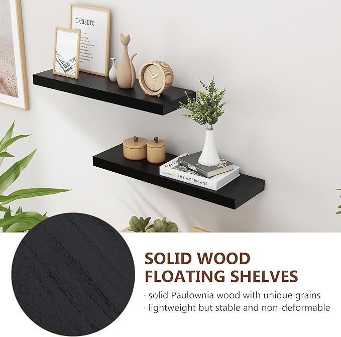 24 Inch Black Floating Shelves for Wall, Solid Wood Wall Shelves Set of 2, Modern Black Shelves Display Ledge Shelves for Bedroom Bathroom Living Room Kitchen Decoration Storage - Black