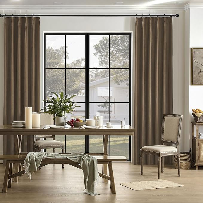 DUALIFE Chocolate Brown Pinch Pleated Blackout Curtains 63 Inches Long, Back Tab with Hooks, Linen Full Black Out Thermal Insulated Track Curtain for Bedroom Living Room,40" Wx63 L, 2 Panels