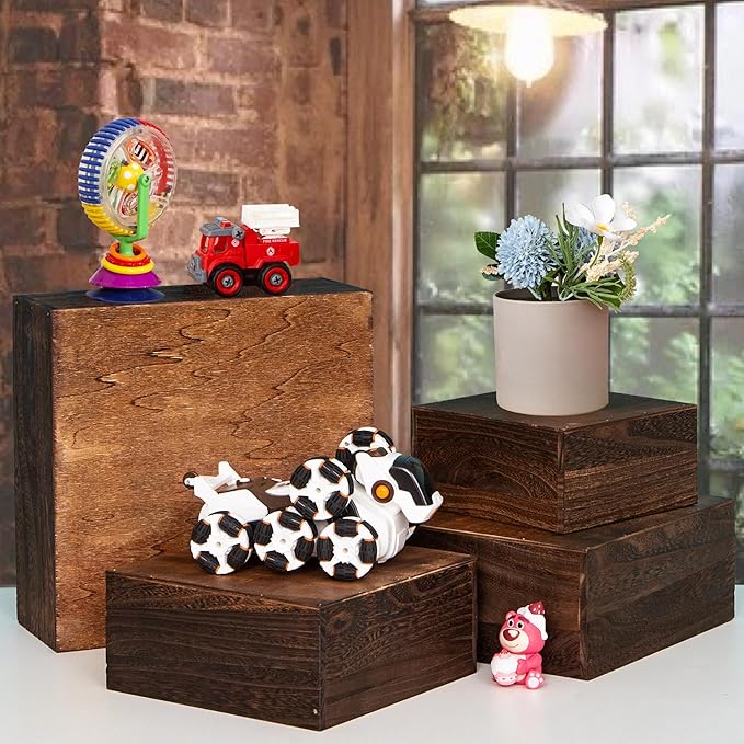 4 pieces wooden cake stands,antique brown cupcake stands for display,12 inches square wooden crates ,wood display risers for wedding,birthday party,Christmas,etc. (Antique Brown)