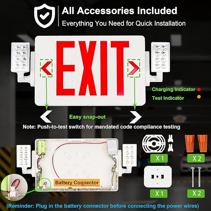 Gruenlich LED Combo Exit Sign, Emergency Light with 2 Adjustable Heads and Double Face, Back Up Batteries- US Standard Red Letter EXIT, UL 924 Qualified, 120-277 Voltage, 12-Pack