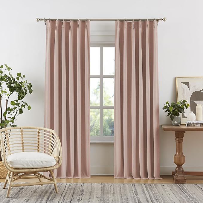 Cute Dusty Pink Blackout Linen Curtains 95 Inches Long - Rose Blush Pinch Pleat Track Curtains Blackout with Hooks Viral Pleat Drapes for Girls Bedroom Nursery,50 by 95 Inch, 2 Panels, Back Tab