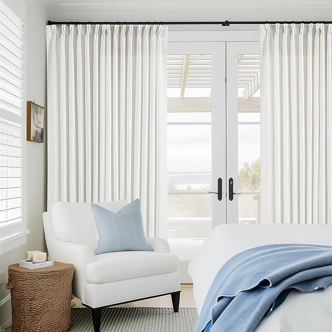 Beige White Pinch Pleated Extra Wide Curtain Panels 108 Inches Long 100 Inch Wide Linen Curtain for Sliding Glass Door Semi Sheer Hooks Rings Privacy 108 Inch Length Drape for Living Room 1 Panel