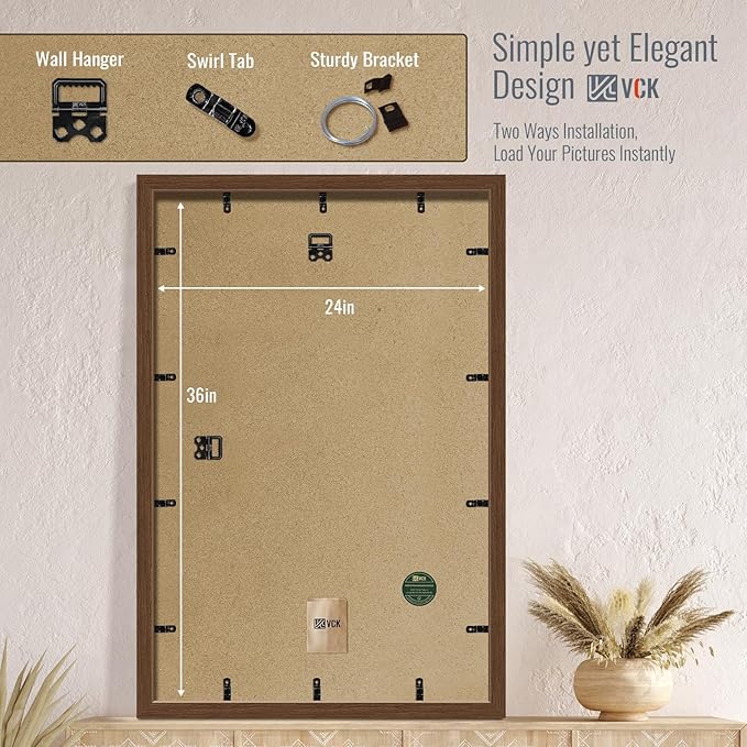 VCK 24x36 Poster Frame 2 Pack - Brown, High-End Wood Picture Frames with Polished Plexiglass, Display 20x30 Photo with Mat or 24x36 without Mat, Art Gallery-Quality, Wall Hanging, Brown