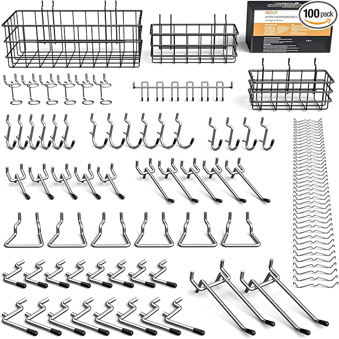 INCLY 1/4“ Extra Thick Pegboard Accessories Kit, 100PCS Heavy Duty Metal Peg Board Hook Assortment with 3 Sizes Basket S/M/L Fit 1/4 Inch Pegboard for Garage Wall Organizer Hanging Tools