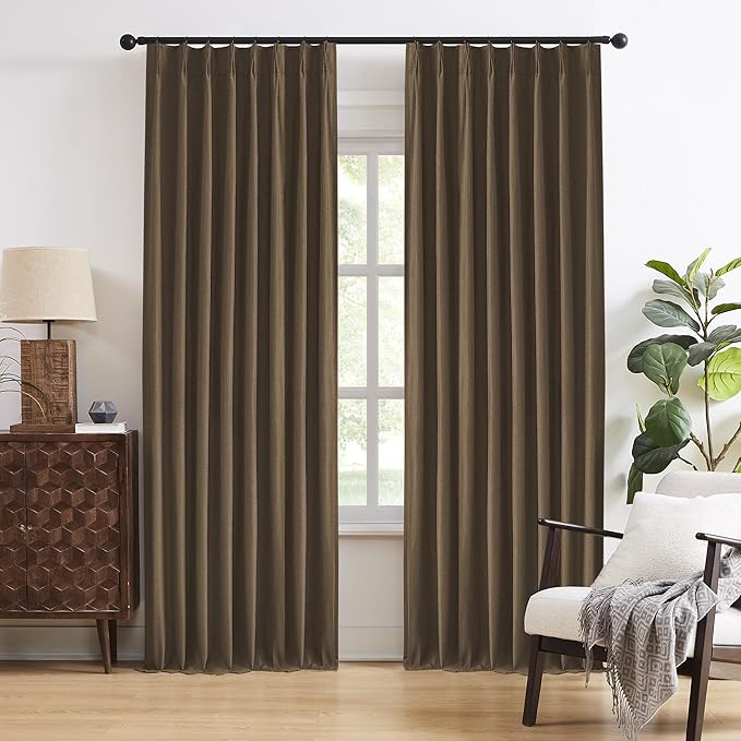 DUALIFE Chocolate Brown Pinch Pleated Blackout Curtains 105 Inches Long, Back Tab with Hooks, Linen Full Black Out Thermal Insulated Track Curtain for Bedroom Living Room,50" Wx105 L, 2 Panels
