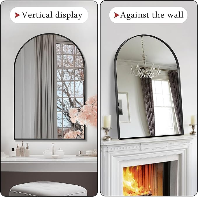 Large Black Arched Mirror, 30" x 40" Modern Brushed Metal Frame Arch Wall Decorative Mirror, Arched Top Bathroom Vanity Mirror for Living Room Bedroom Fireplace Mantel, Tempered Glass