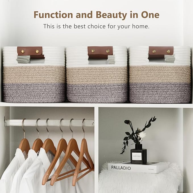 Cotton Rope Basket, Storage Baskets with Handle, 15x10x9 Inch Woven Basket for Shelves, Laundry, Towels, Clothes, Books, (Gradient Brown 2 Pack)
