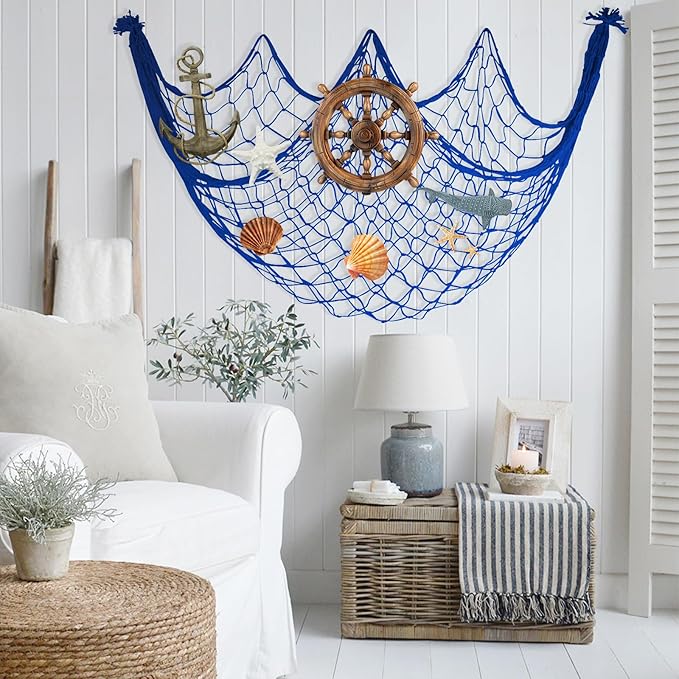 2 Pack Fish Net Decorations, 80x40 Inch Navy Blue Fishing Net Decor for Under The Sea Hawaiian Beach Theme Party, 3mm Thick Natural Cotton Versatile Nautical Netting for Party Wall Table Ceiling Decor