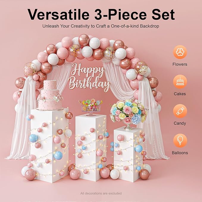 3Pcs Square Pedestal Stands for Parties, White Metal Display Plinth Pillars, for Birthday Wedding Bridal Baby Shower Party Decorations, 27.5, 35.5, 39 Inches Tall