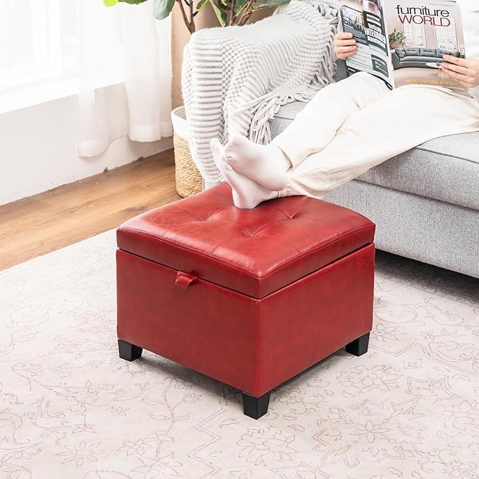 Asense 17 Inch Storage Ottoman Foot Rest,Square Faux Leather Foot Stool,Small Ottoman with Storage,Padded Seat for Entryway,Living Room,Bedroom,Couch,Under Desk,Red