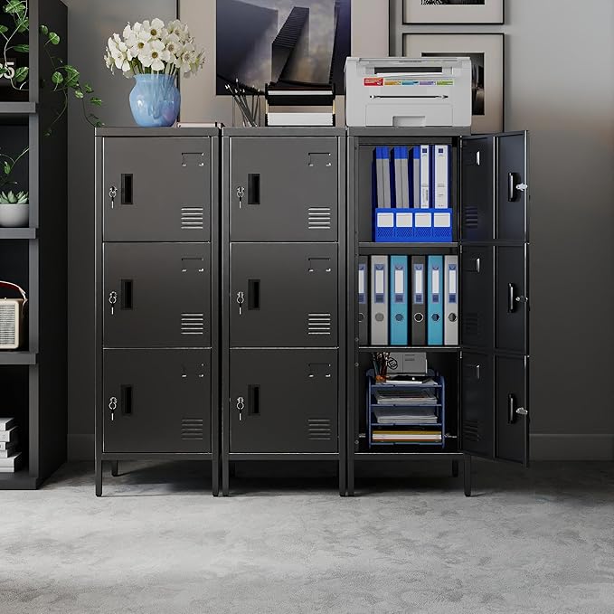 Aobabo 16" W 3 Door Metal Storage Locker with Lock, 47" H Steel Locker with Name Card Holder and Metal Leg for School, Home, Office, Playroom, Assembly Required, Black