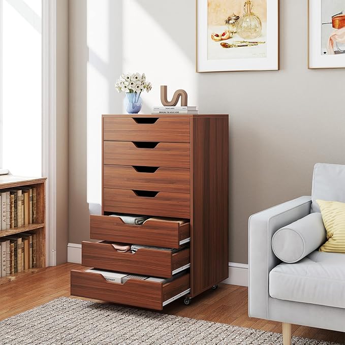 7 Drawer File Cabinet, Mobile Filing Cabinet w/Universal Wheels, Wood Printer Stand with Storage, Rolling File Cabinets for Home Office, Living Room, Bedroom (Walnut, 7 Drawers)