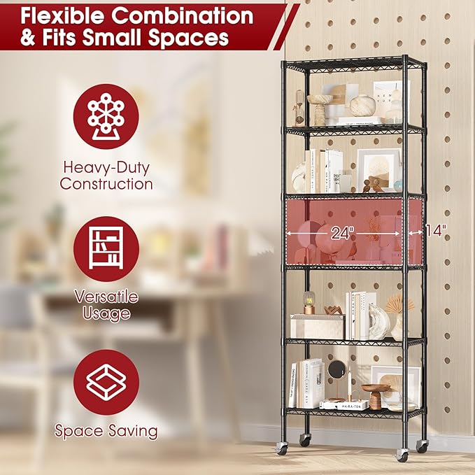 3 Pack Rolling 6-Tier Space-Saving Garage Wire Rack Shelving, 14"D x 24"W x 71"H Adjustable Metal Shelving with Wheels, 750 lbs Capacity Heavy Duty Storage Shelves for Garage, Closet & Kitchen, Black