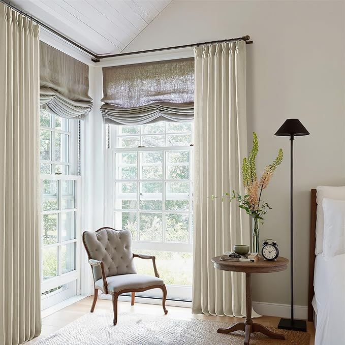 Beige Linen Curtains 96 Inches Long Pinch Pleated 2 Panels for Living Room Bedroom Memory Trained Semi Sheer Neutral Flax Pinch Pleat Drapes with Hooks Rings Light Filtering Window Curtain 40x96