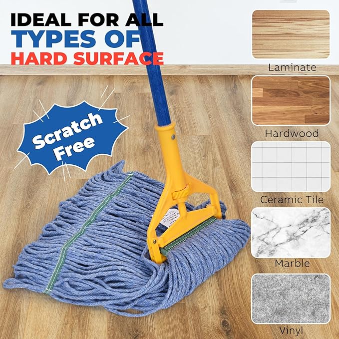 Onesimus 24 oz Mop Head Replacement, Industrial Mops for Floor Cleaning Heavy Duty 4-Ply Cotton Blend Looped End Wet Mop Refills 1.25 in Universal Headband Fit Most Handles, 6 Pack X-Large Blue