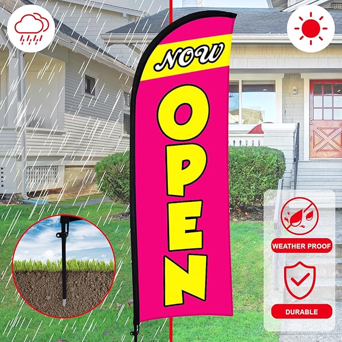 Buryeah 3 Sets Now Open Feather Flag Pole Kit for Business Advertising 7 ft Open Flag Banner Sign with Pole Kit Ground Stake and Portable Bag for Outside Ground(Rose Red)