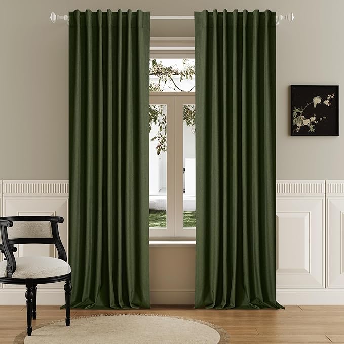 DUALIFE Olive Green Blackout Curtains 102 Inch Length 2 Panels Set for Living Room Bedroom Rod&Back Tab Thermal Insulated 100% Black Out Linen Drapes Room Darkening Window Curtains 72" x 102"