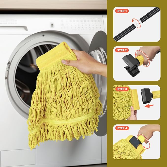 JEHONN Commercial Mop Heavy Duty Industrial String Mops with 57.5 inches Long Handle, Professional Dry Wet Cotton Mop for Cleaning Hardwood Floor Concrete Tile Home Kitchen Office Garage (Yellow)