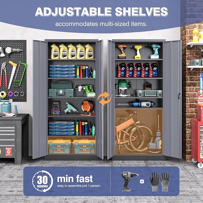 Metal Garage Storage Cabinet,71" H Tall Tool Cabinet with 2 Doors and 5 Adjustbale Shelves,Lockable Tool Cabinet for Garage,Basement,Home Office