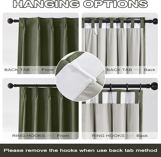DUALIFE 96 Inch Curtains & Drapes Olive Dark Green 2 Panels,Back Tab Ceiling Viral Pleated Hooks Curtains for Track System,Thermal Boho Curtains for Bedroom Burg Living Room Dining Room,40x96