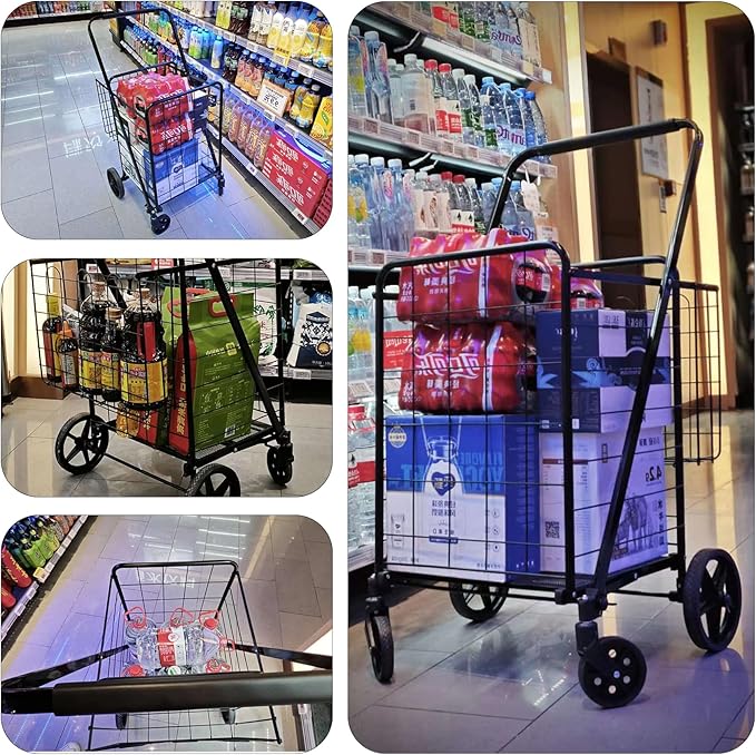 Foldable Shopping Cart with Waterproof Bag, 360° Swivel Wheels & Double Basket, 300lbs Capacity for Groceries, Heavy Duty Utility Grocery Carts for Shopping, Laundry, Camping, Luggage