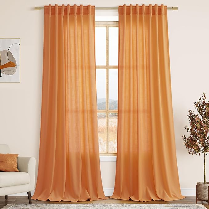 Orange Linen Textured 96 Inch Curtains 2 Panel Set Back Tab Rod Pocket Sheer Light Filtering Boho Room Decor Aesthetic Curtains Burlap Look Curtain Drapes for Living Room Bedroom 8Ft 52x96 Inch