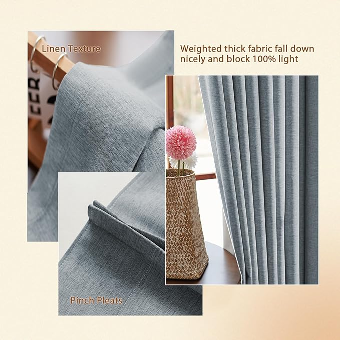 Textured Linen Double Pleated 100% Blackout Curtains for Bedroom/Living Room Blackout Curtains 96 Inches Long, Energy Saving Window Treatment Curtains,52Wx96Lx2,Grey Blue