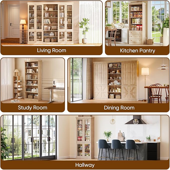 Vyre 70.8" Tall Brown Bookshelf with Glass Doors, Farmhouse Modular Bookcase with 6-Tier Adjustable Shelves, Large Storage Cabinet for Home Office, Living Room, Set of 4
