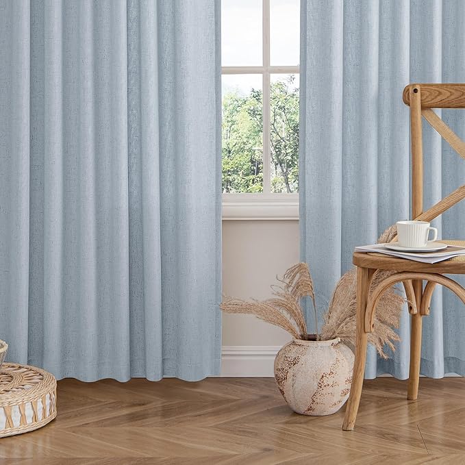 MIULEE Non-See-Through Privacy Linen Curtains 2 Panels, Chambray Blue Light Filtering Window Curtains Farn House Textured Back Tab Semi Sheer Drapes for Bedroom Living Room 63 Inches Long Light Blue